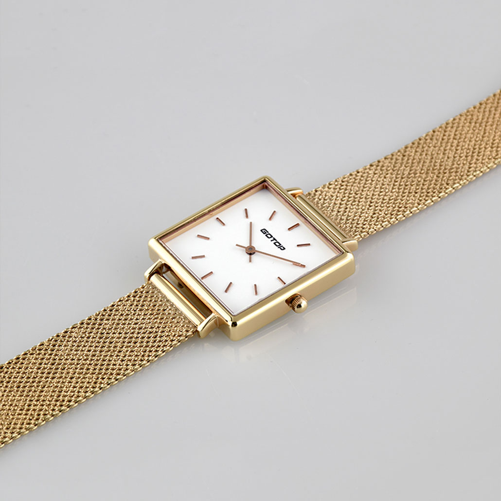 women's rectangular watch with metal mesh band