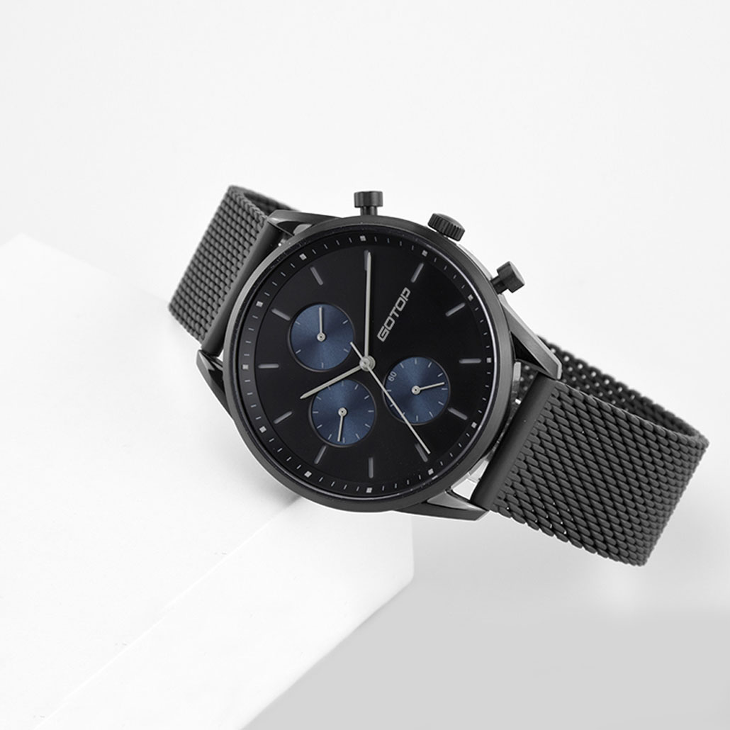 Khaki And Black Men's Watch With Stainless-Steel Mesh Band