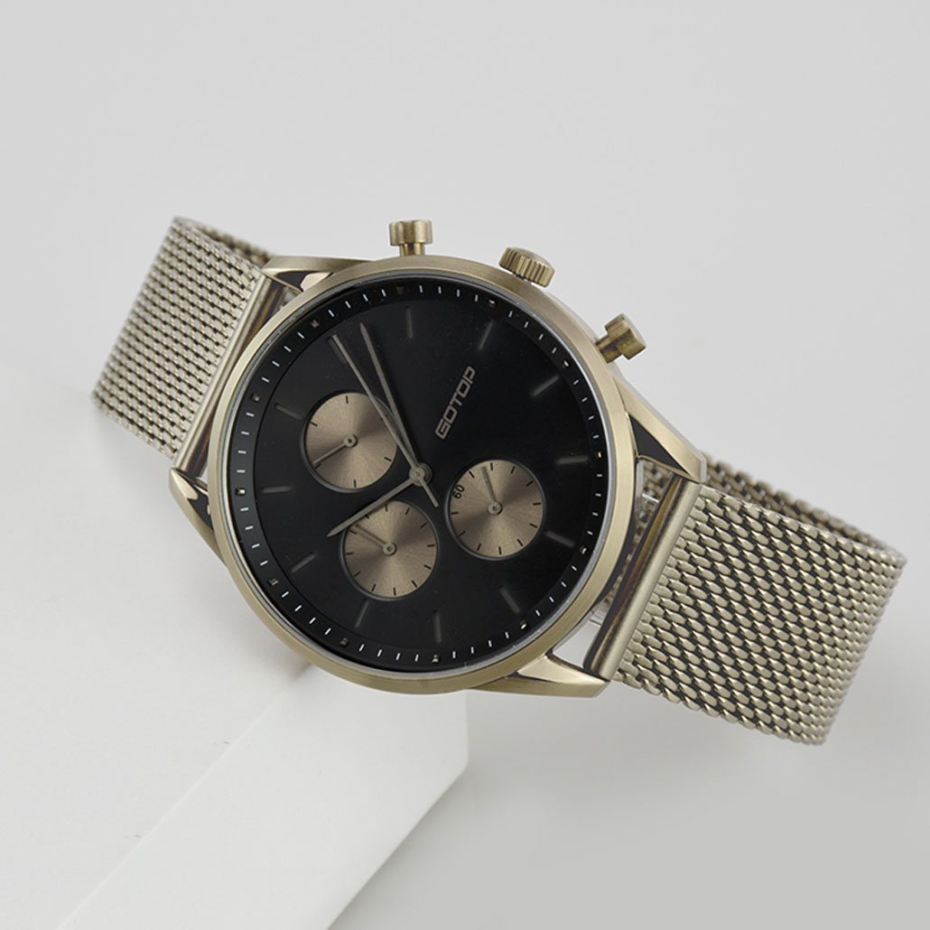 Khaki And Black Men's Watch With Stainless-Steel Mesh Band