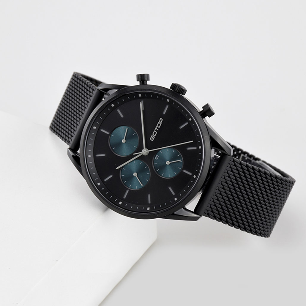 Khaki And Black Men's Watch With Stainless-Steel Mesh Band