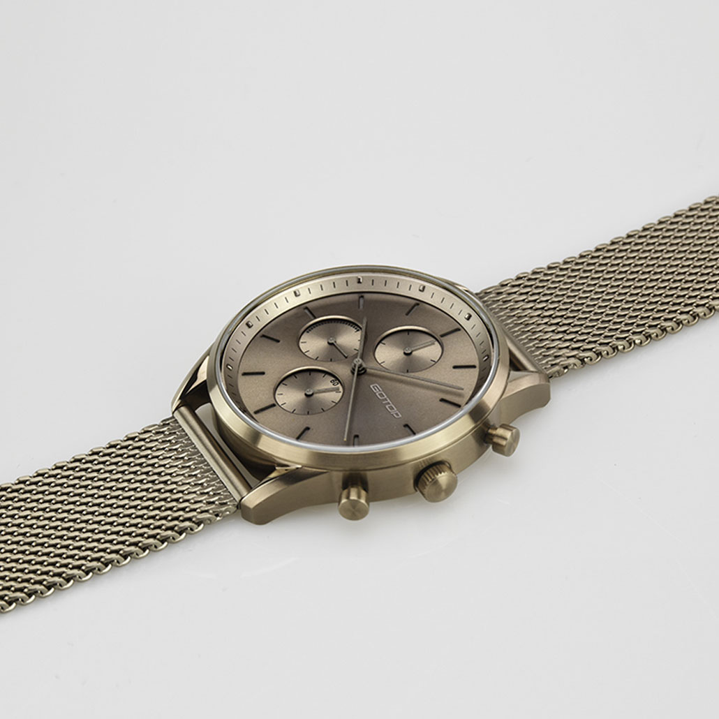 Khaki And Black Men's Watch With Stainless-Steel Mesh Band