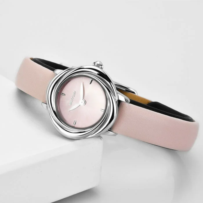 Elegant Rose Case Steel Watch Colorful Exquisite Leather Strap for Women