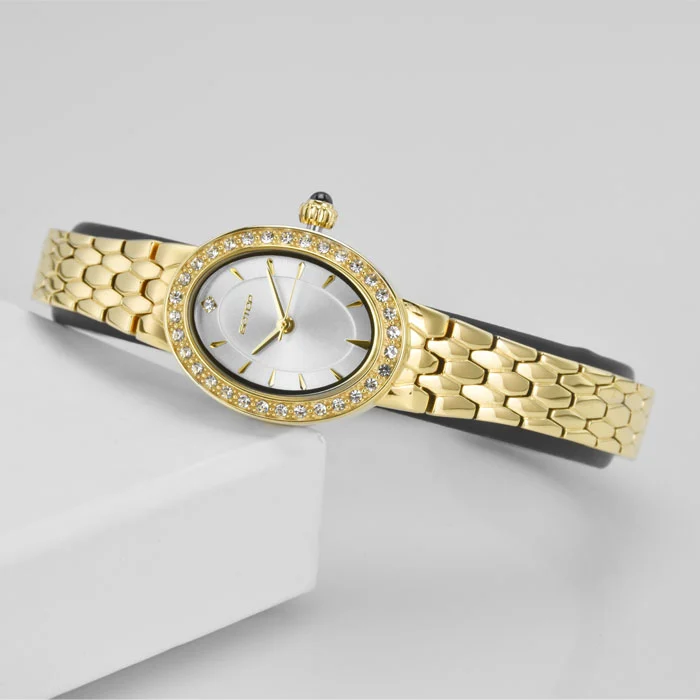 Stainless Steel Lady Diamond Watches Custom Oval shape Sunray Dial Quartz Watches