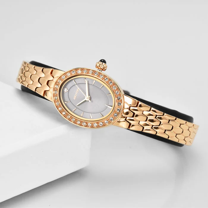 Stainless Steel Lady Diamond Watches Custom Oval shape Sunray Dial Quartz Watches