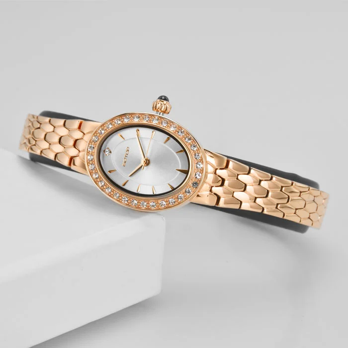 Stainless Steel Lady Diamond Watches Custom Oval shape Sunray Dial Quartz Watches