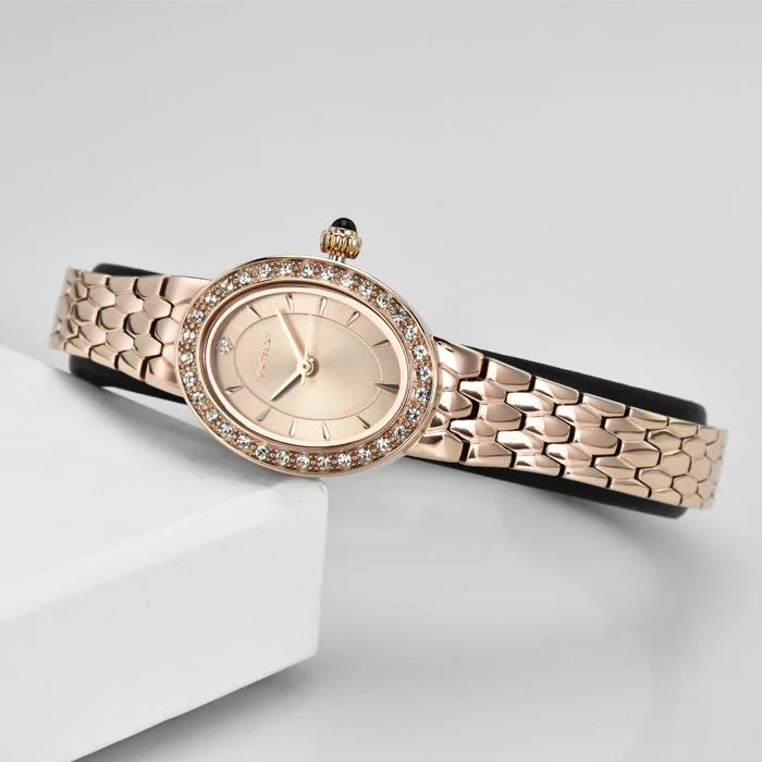Stainless Steel Lady Diamond Watches Custom Oval shape Sunray Dial Quartz Watches
