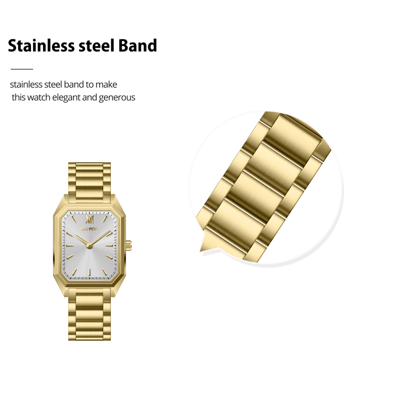 Detail of SS1152 Luxury Rectangular Women’s Watch with Czech Gem Dial Steel Leather Strap